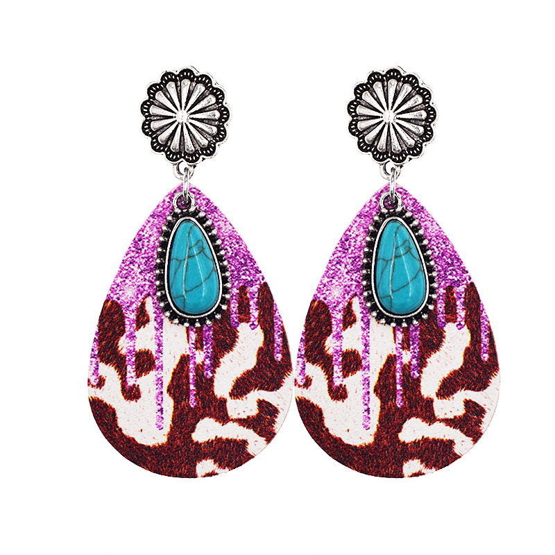 Wholesale Western Denim Leopard Leather Earrings